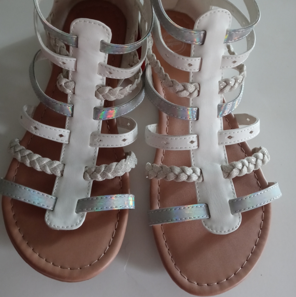 Silver and White Gladiator Sandals with Flat Sole